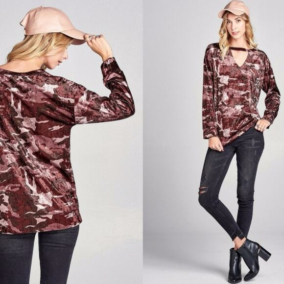 oddi Tops - Camoflage Velvet cutout long sleeve top NEW